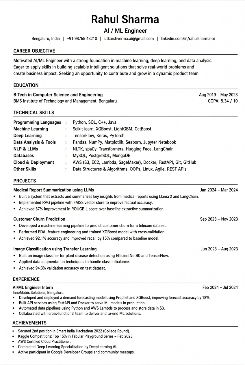 Typical resume for Rahul Sharma